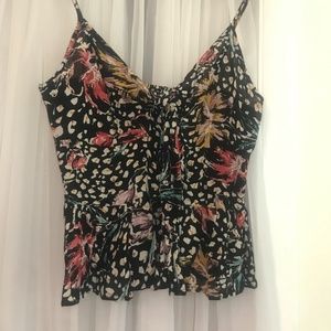 Black, floral, flowy tank top w/ front tie